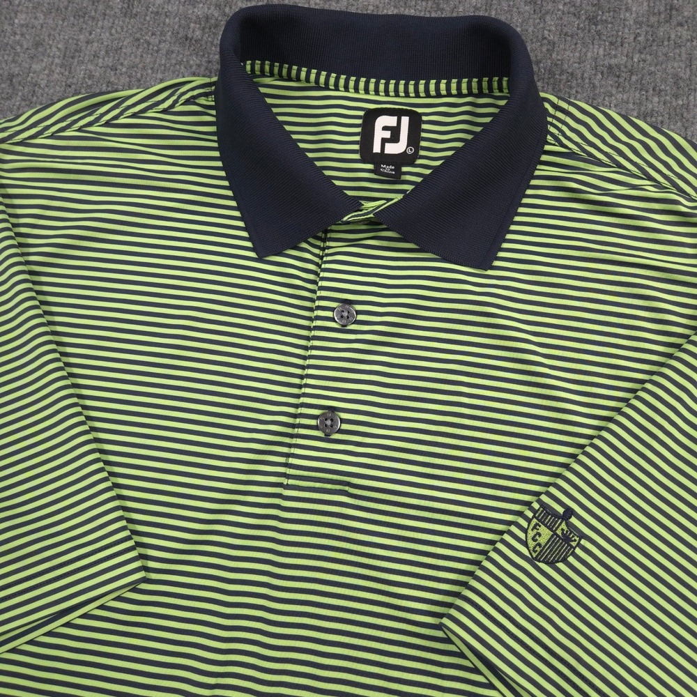 FootJoy Polo Shirt Mens L Green Navy Striped Performance FCC Golf Preppy Casual